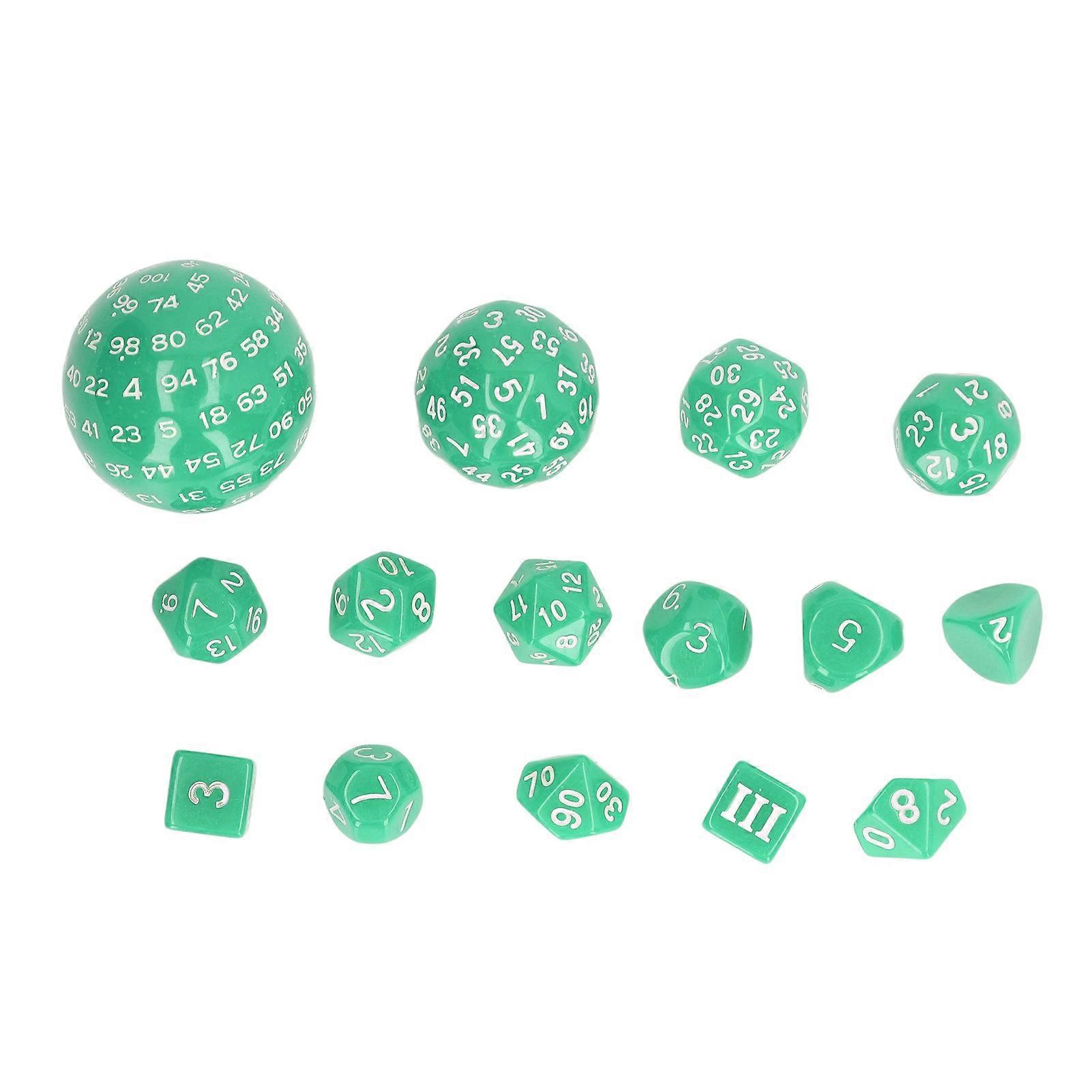 Green 15-Piece Acrylic Polyhedral Dice Set for RPGs and Parties (D3-D100)