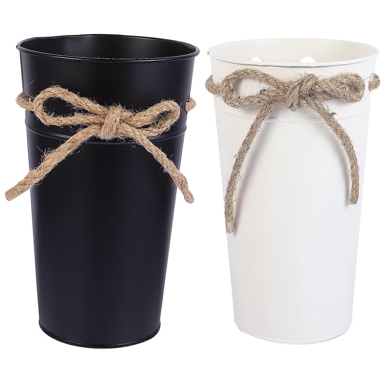 Garden Flower Bucket 2Pcs Round Iron Containers For Office Home Balcony Decoration Floral Holders