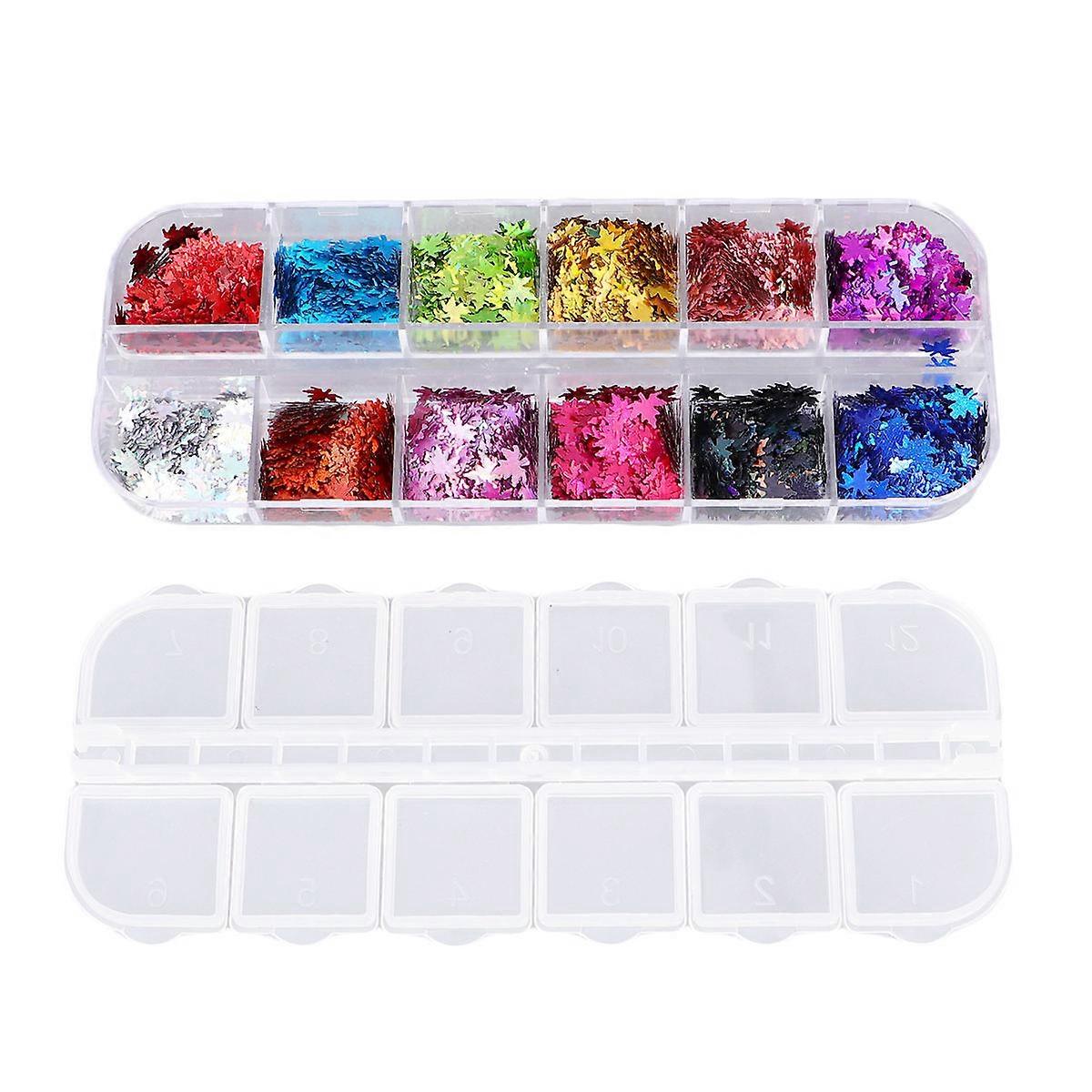 Maple Leaves Nail Art Decals with Sequins for Creative DIY Manicure Designs Assorted Color 12pcs