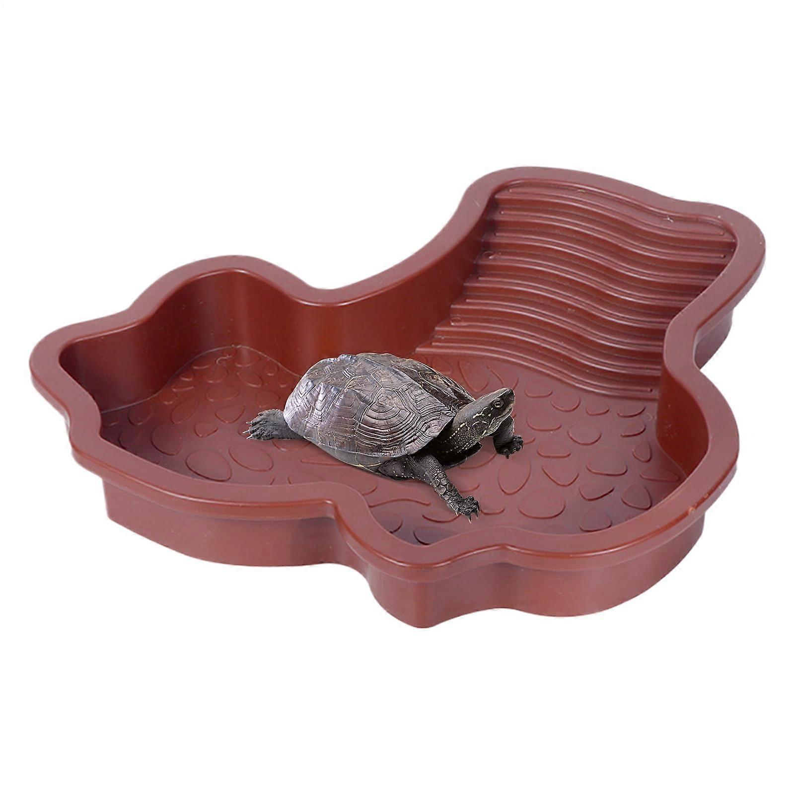 Reptile Bathing Pool with Ramp | Tortoise Water Dish Bath Tub | Large Soaking Dish for Amphibians in Red Brown