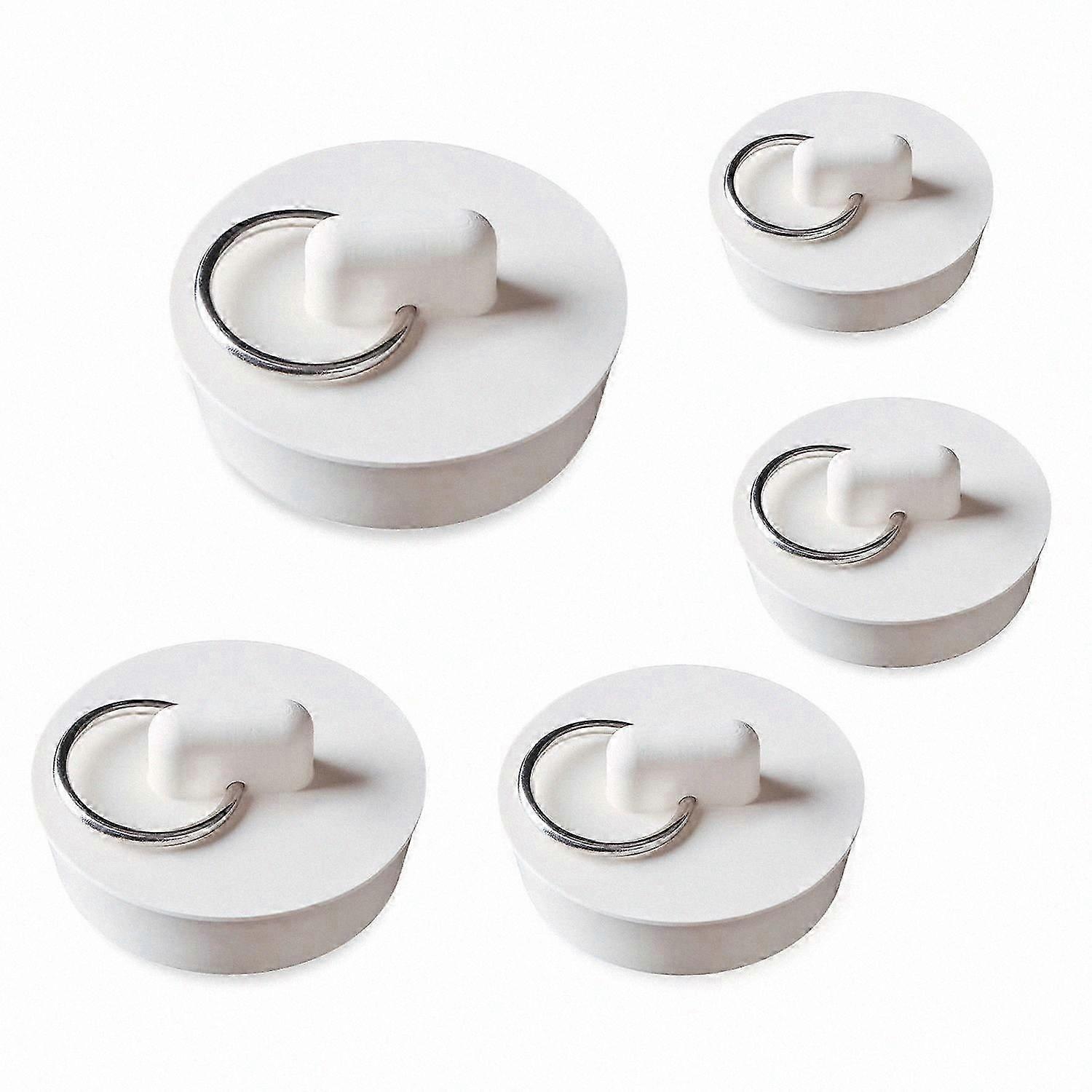 White Rubber Drain Stoppers Set for Bathtubs, Sinks, and Bathroom Fixtures in 5 Sizes and Pieces