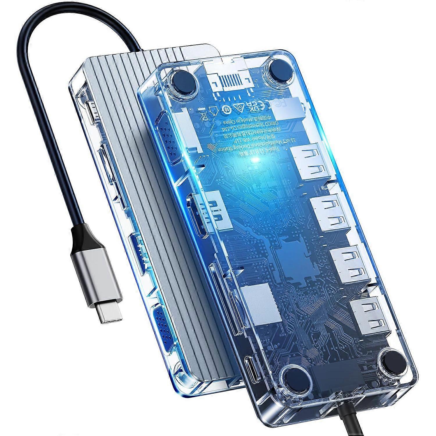 USB C Docking Station Dual Monitor,11 in 1 Type C Transparent Dock with HDMI for Laptop 3*USB-A 3.0 Ports,USB2.0 Type-A,HDMI 4K,RJ45,TF&SD,USB3.0 Type