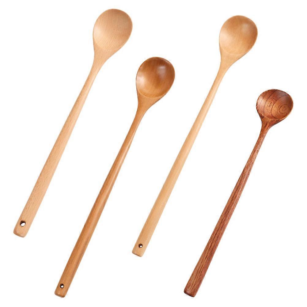 Wooden Food Spoons for Stirring 4Pcs Long Handle Assorted Color