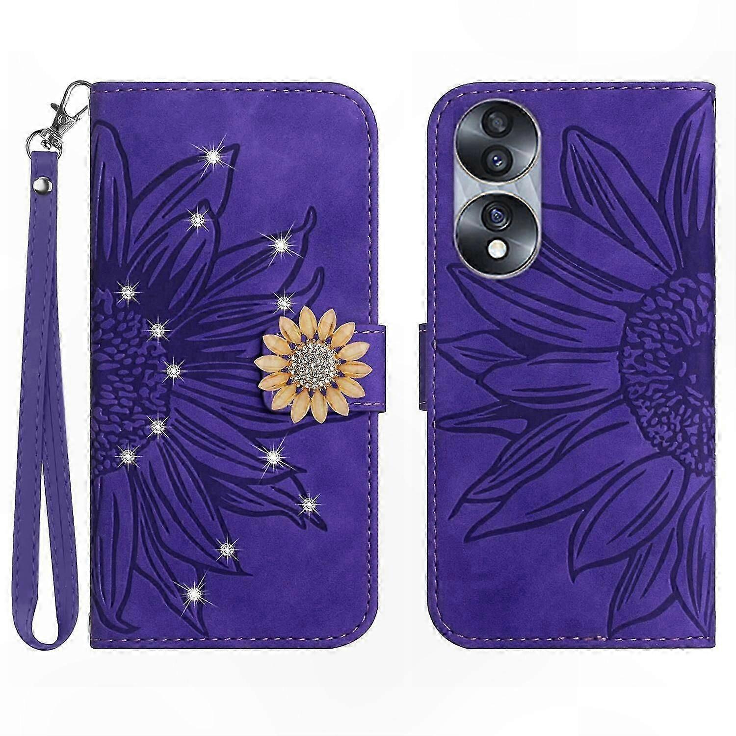 Sunflower Design Magnetic Card Holder Wallet Case with Short Strap for Honor 70