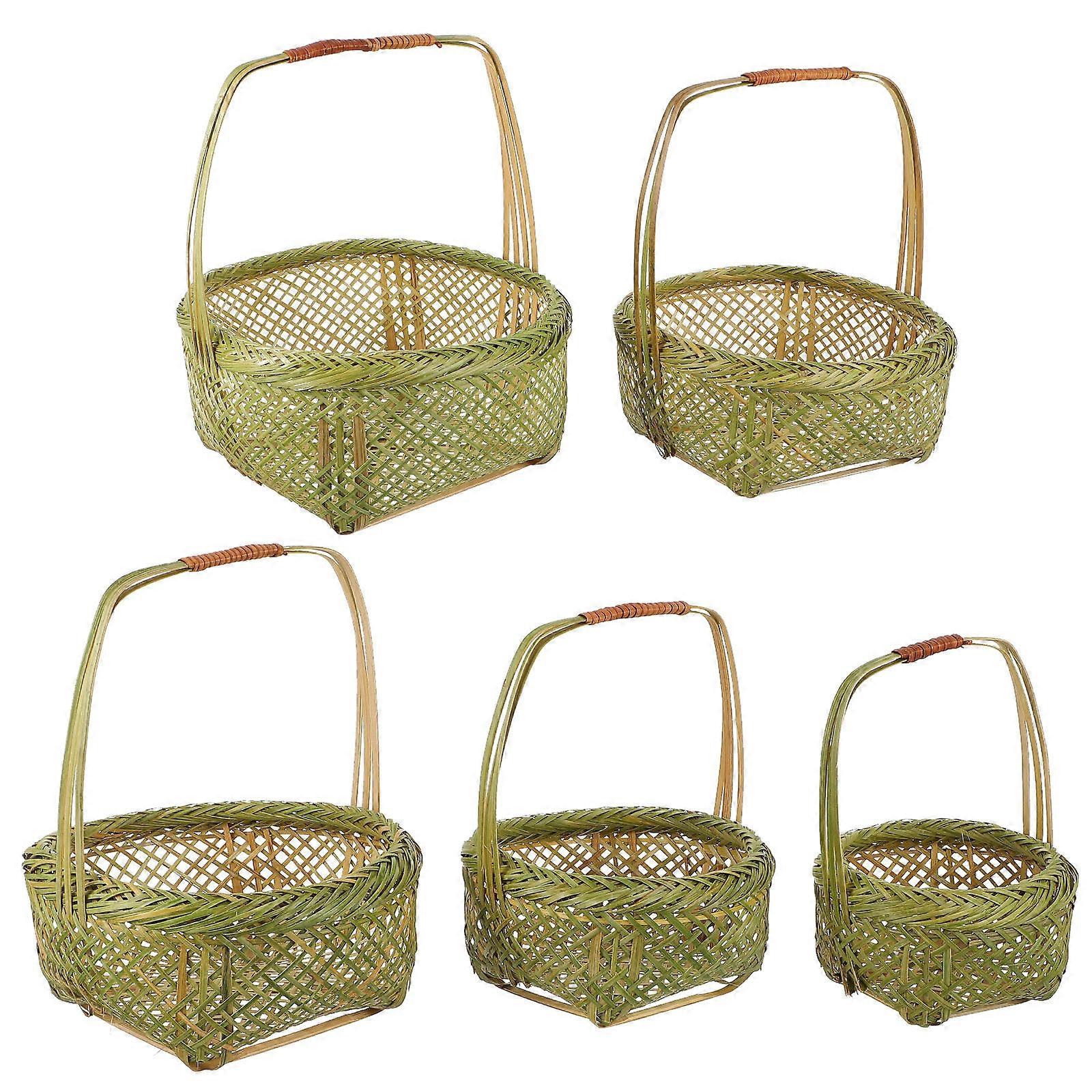 Picnic Basket for Storage Use Bamboo Woven Basket 5Pcs with Handle Design