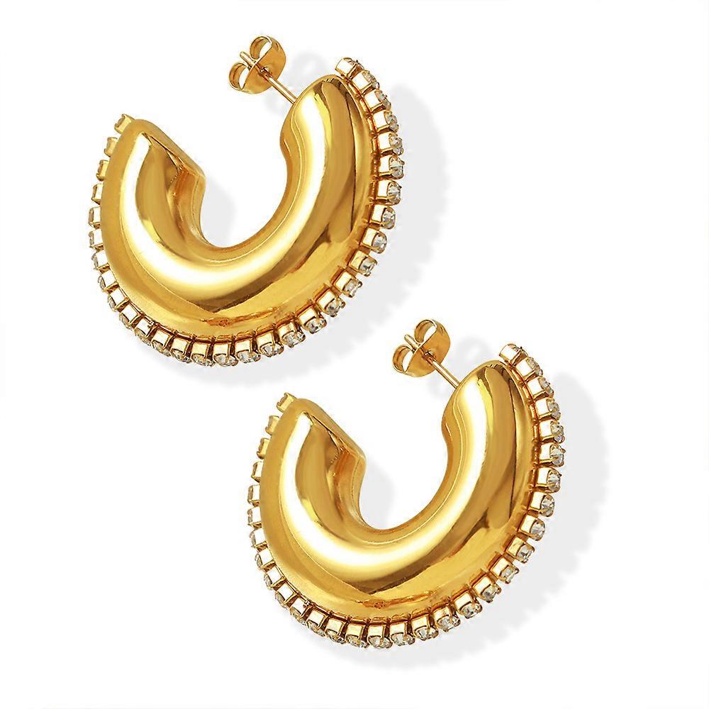 Earrings, Retro Minimalist Fashionable Geometric C-shaped Titanium Steel with Shiny Surface Zircon Inlaid