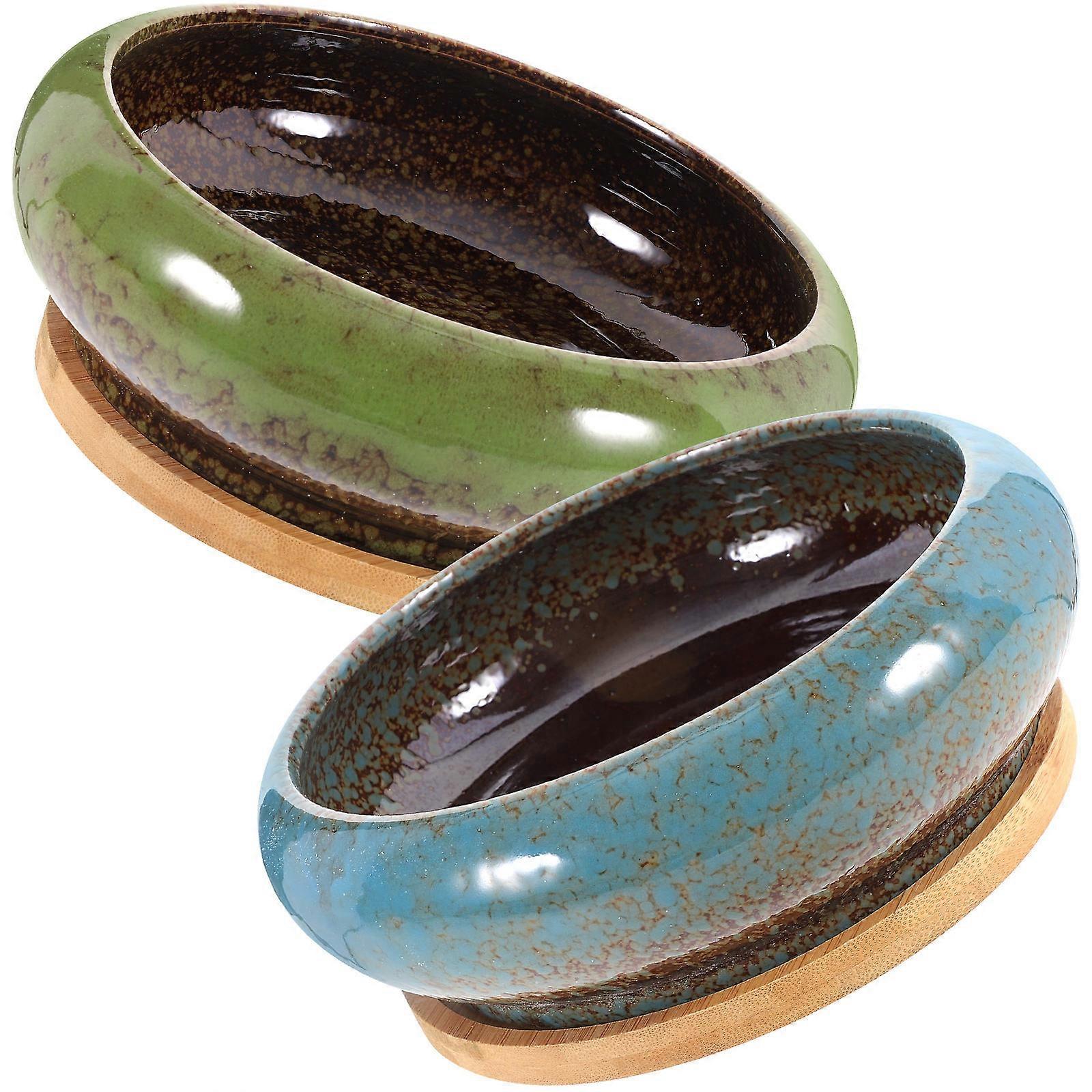 Household Bonsai Planter Ceramic Pot for Storage Use 2Sets with Tray