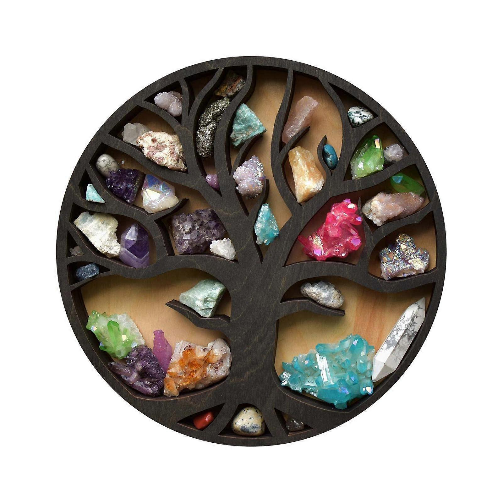 Crystal Stone Display Rack Round Wood Floating Wall Shelves Crystal Holder For Stones And Statuettes Home Office