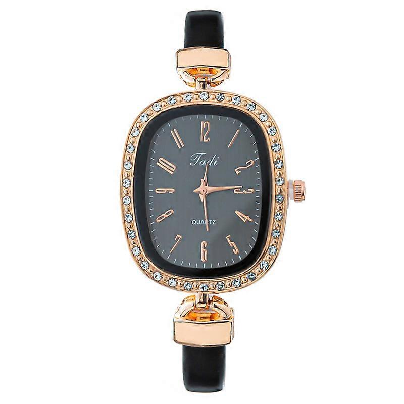 Diamond-Studded Women's Watch  Leather Strap  Oval Quartz Watch