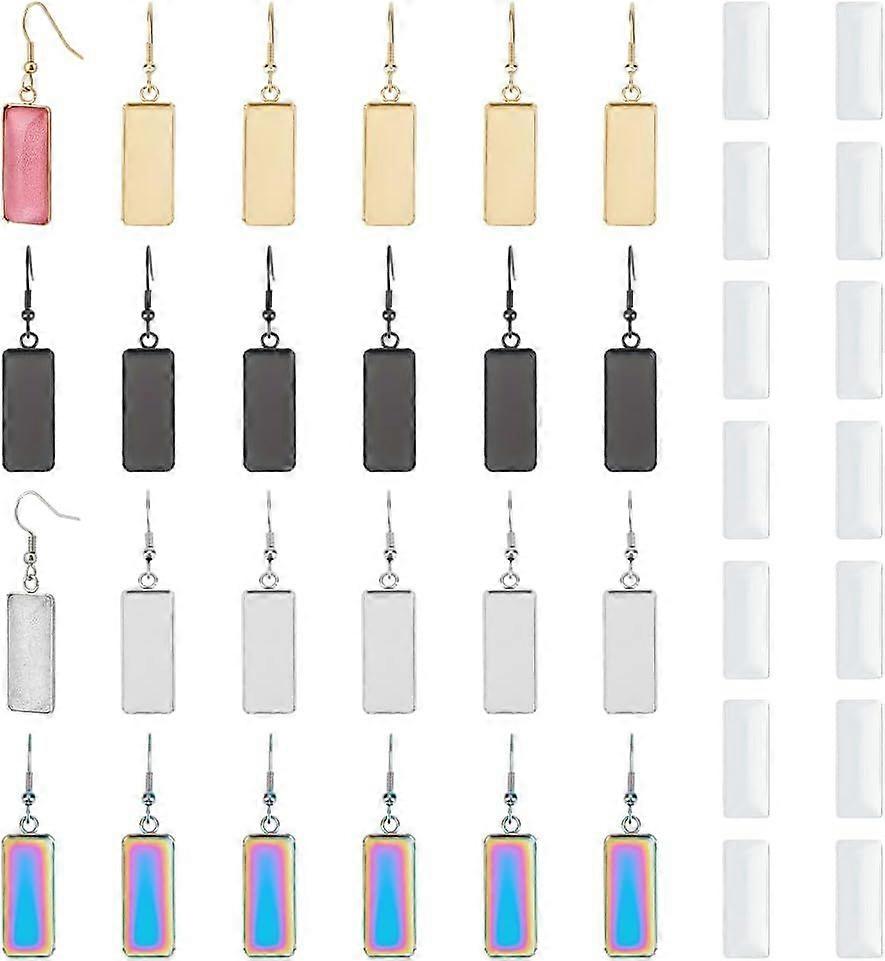 24 Sets Earring Hooks with Pendant Trays DIY Blank 4 ColorsRectangle Dangle Earring Making Kit Stainless Steel Earring Settings Rectangle Glass Caboch