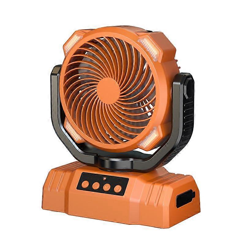 Portable Outdoor Camping Fan with LED Light, 360° Rotation, Essential Oil Diffuser, Foldable Hook, Orange