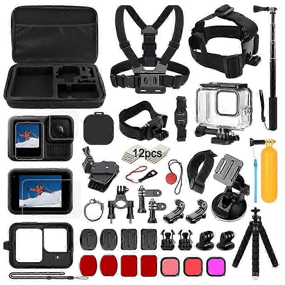 GoPro Hero 13ブラック防水ケースチェストストラップマウント強化ガラススクリーンプロテクター、自撮り棒アクセサリー付き