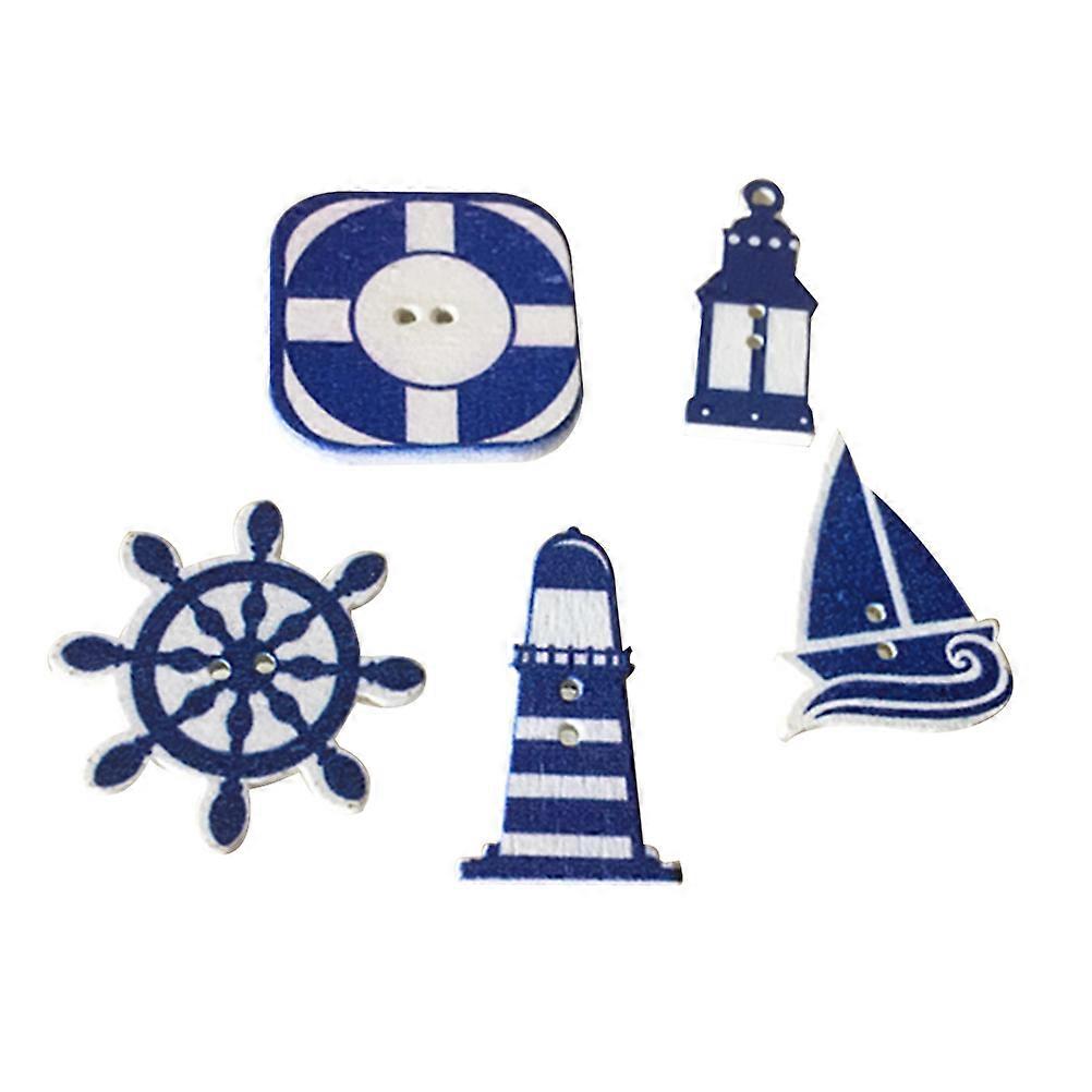 50Pcs Nautical Theme Buttons DIY Wooden Clothes Buttons Sailboat Lighthouse Life Buoy Rudder Design Button (Mixed Style)