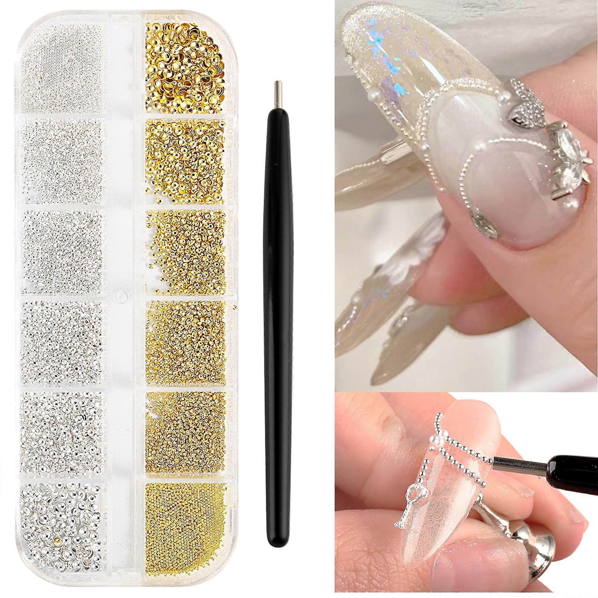 Nail Art Beads Set with Magnetic Picker Tool, 12 Grid Gold Silver Caviar Beads, 6 Sizes, 3D Decoration