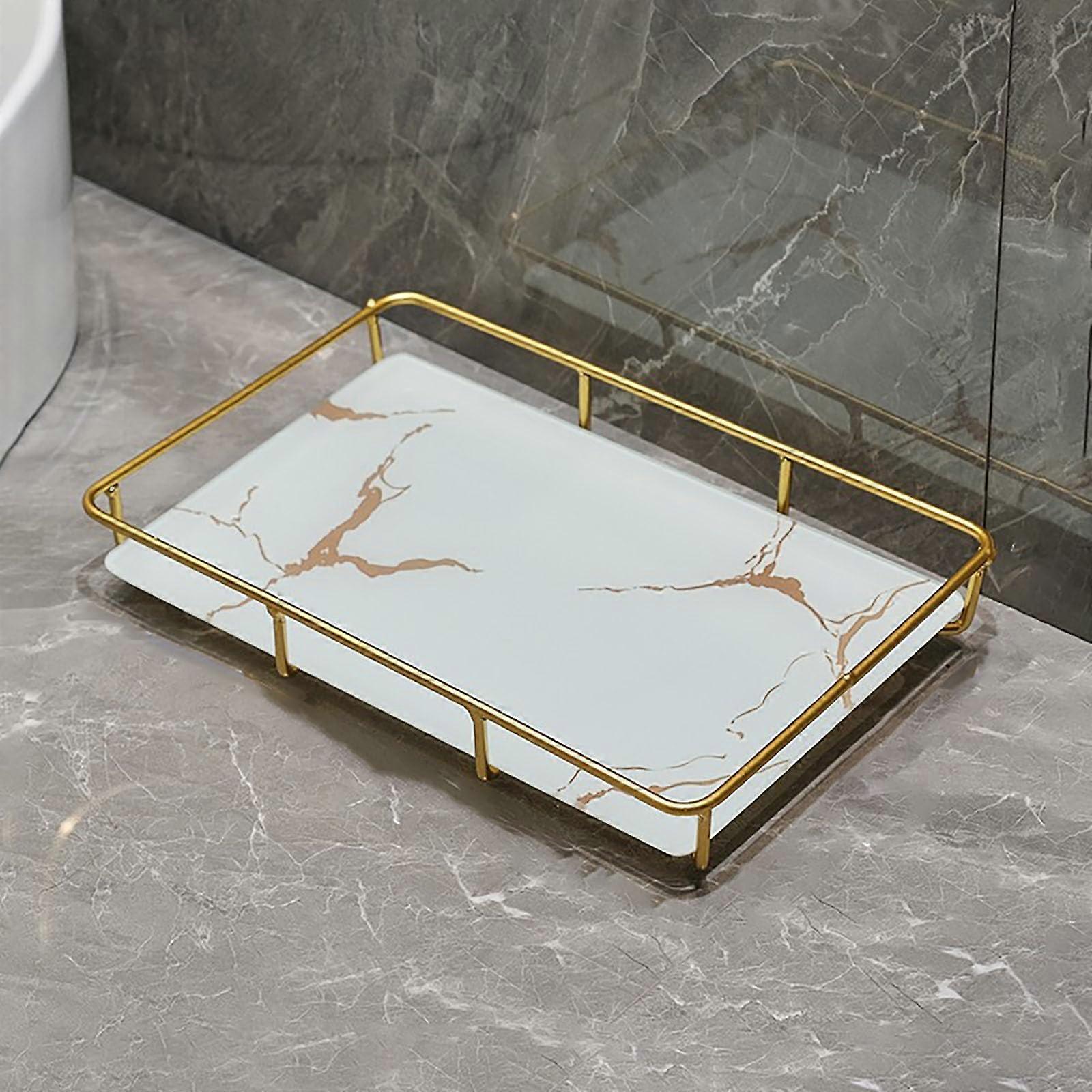 Bathroom Organizer with Marbled Glass and Marble Base, Waterproof RustResistant Makeup Holder White