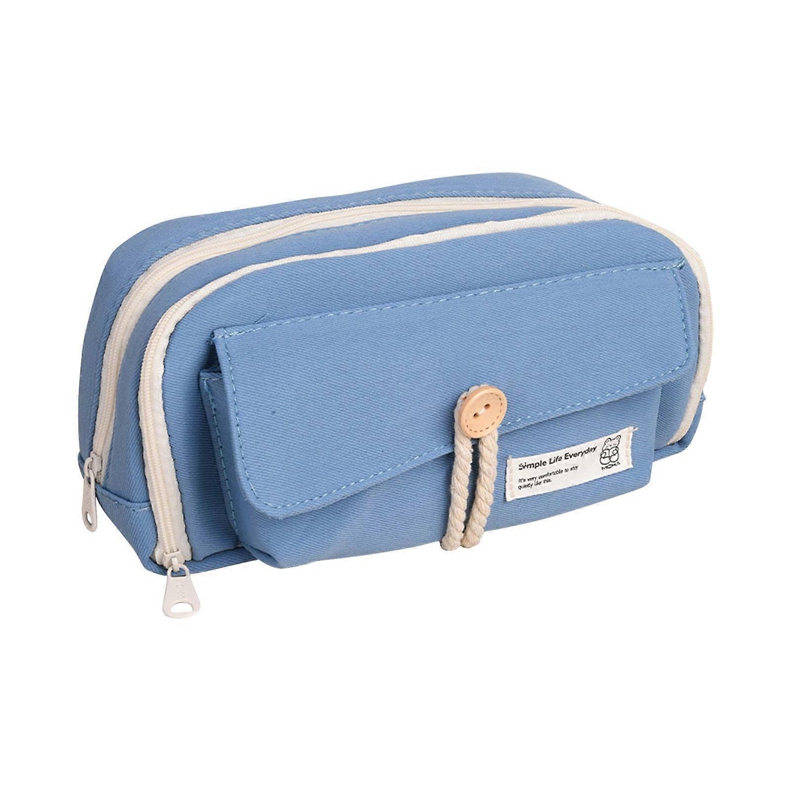 Lksixu Large Capacity Canvas Pencil Case, 3-Layer with Zipper & Compartments, Aesthetic Colored Pencil Bag with Button, Portable Storage for