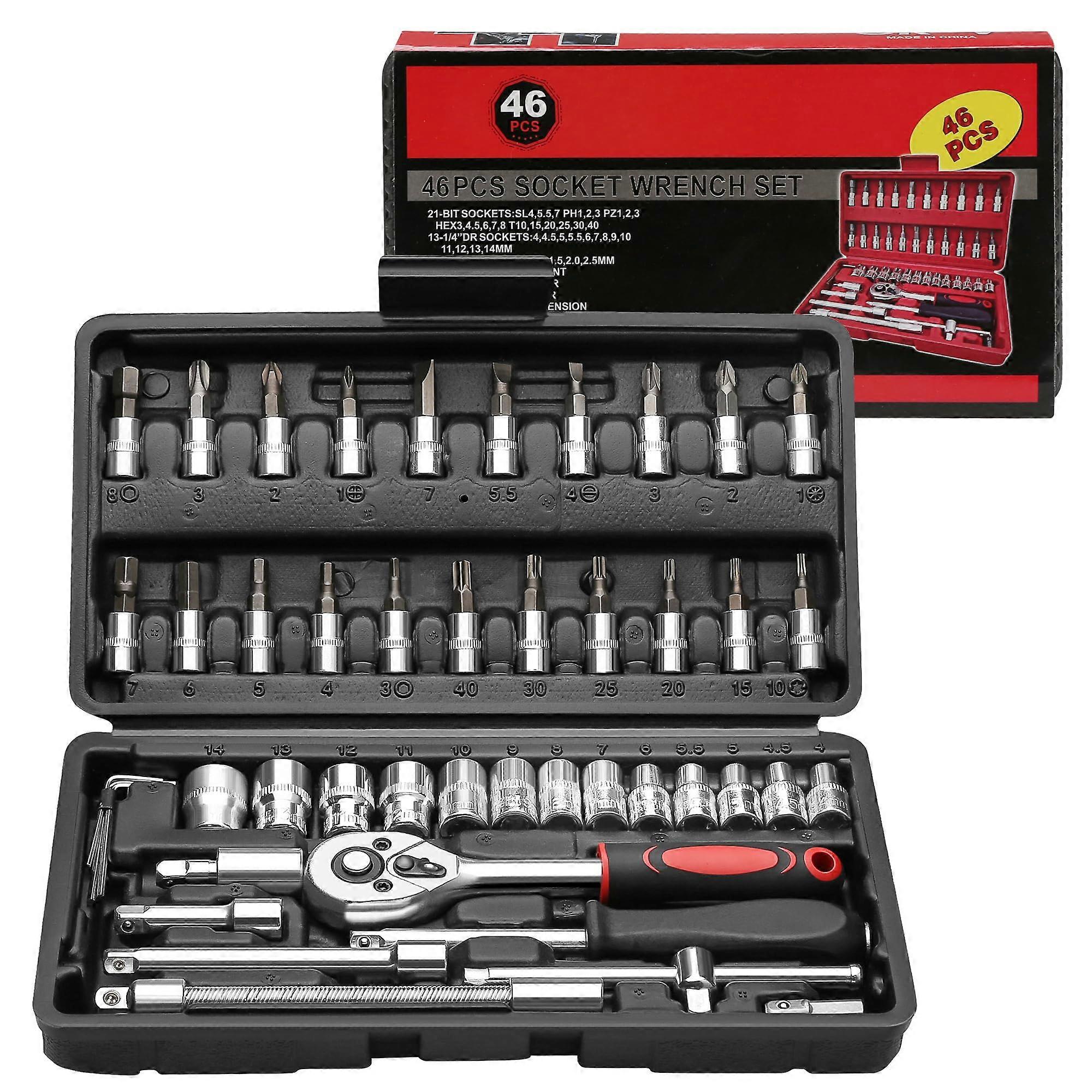 Socket Wrench Set 46pc 1/4 Inch Drive Ratchet Kit with Extension Bar and Versatile Socket Selection