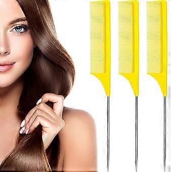 3 Packs Rat Tail Comb Steel Pin Rat Tail Fibra de carbono resistente ao calor Pentes Teasing Combs com Pintail de aço inoxidável (Amarelo)