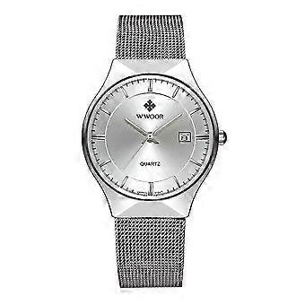 WWOOR Business Mannelijke Roestvrij Stalen Band Polshorloge Waterdicht Horloge (Witte Wijzerplaat)