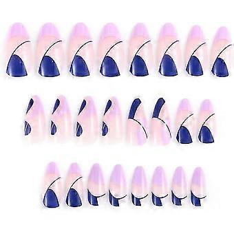 Mandel Falsche Nägel Wave Line Stiletto Stick On Nails Abstrakte Rosa Fake Nails Acryl Art Press On Nagelspitzen Für Frauen Und Mädchen (Lila)24 Stück