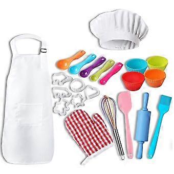 Conjunto de 30 peças de utensílios de confeitaria para crianças, incluindo avental de chef, chapéu, cortadores de biscoito, formas de bolo, espátula de silicone, batedor de arame, copo, colher, pincel de óleo e luva.