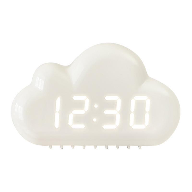 Voice-controlled LED bedside clock, cute cloud design, 1966 edition, white.