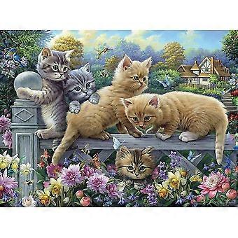 Kittens on a Fence Jigsaw Puzzle for Adults Charming Spring Garden Scene with Cats Flowers and Rustic Fence VV209