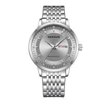 Men's Stainless Steel Watch Silver Dial Day Date Quartz Luminous Waterproof Business Dress