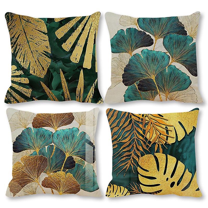 Cushion Cover 45cm X 45cm Set Of Green And Gold Leaf Decorative