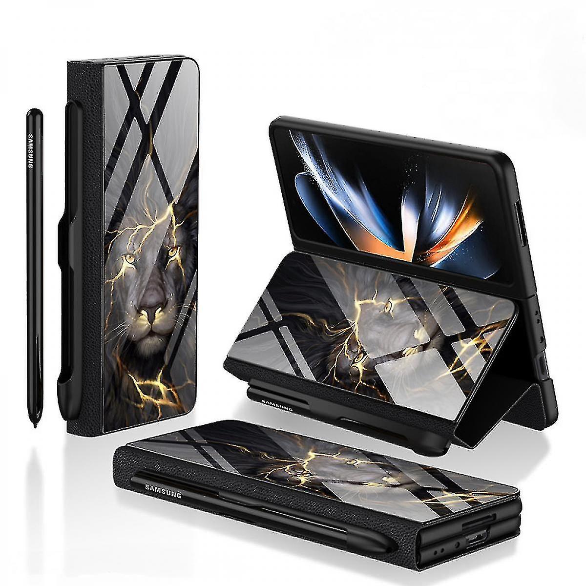 Novità per Samsung Galaxy Z Fold 4 Case con supporto S-pen Flip Glass Crystal Hybrid Leather All-inclusive Cover, con protezione cerniera