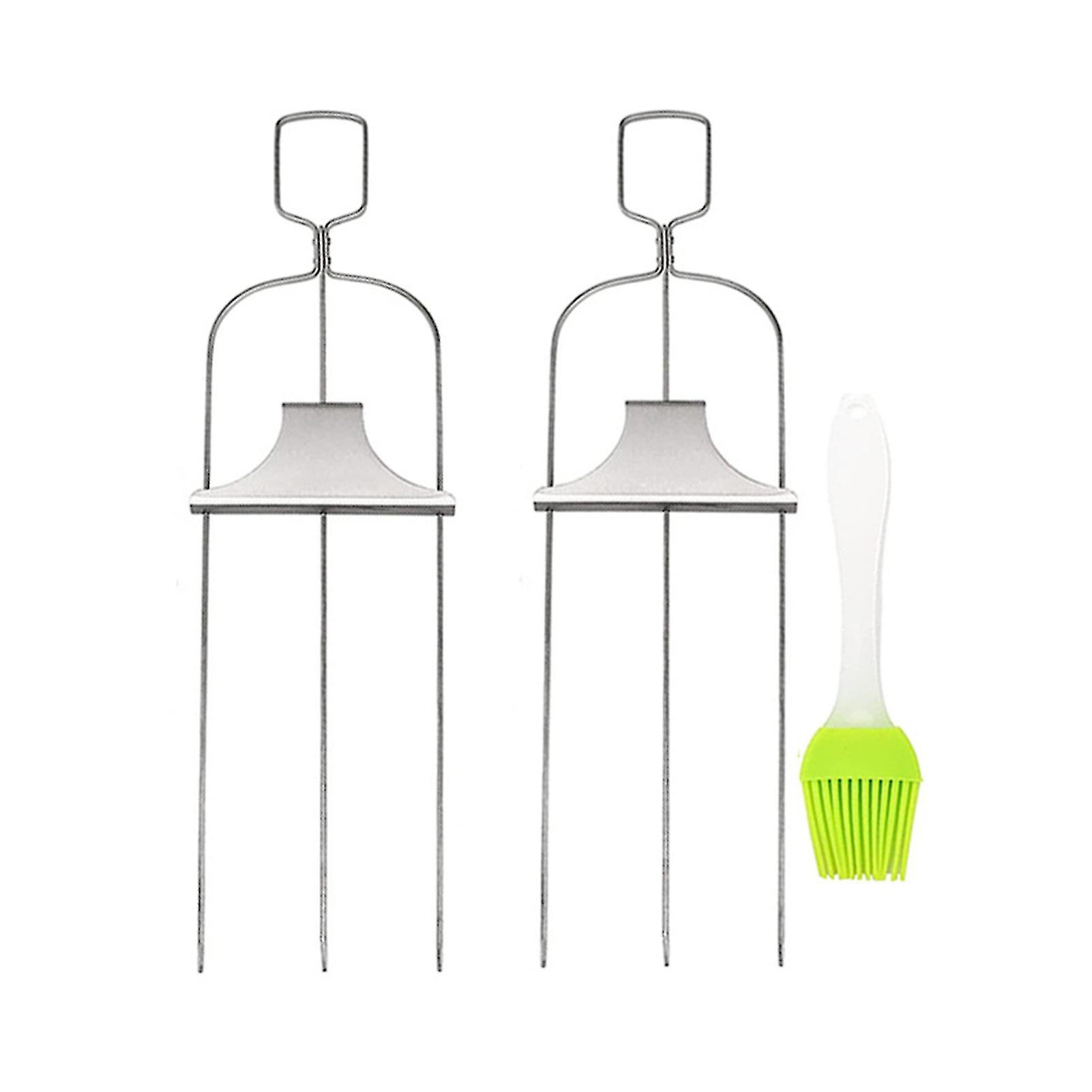 2pcs Kabob Skewers With Push Bar Reusable Kabob Sticks Stainless Steel 3-prong Bbq Skewers For Grilling Meat Veggies Shrimp