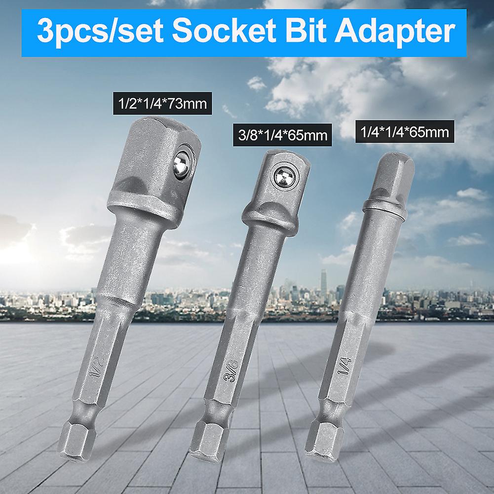 3pcs/Set Socket Adapter 1/4in Hex Shank to 1/4" 3/8" 1/2" Drill Bits Extension Bar (Long Type)