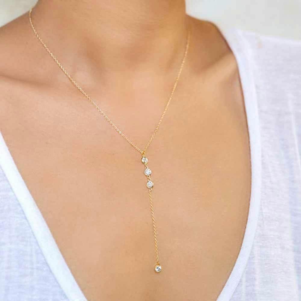 Lariat Gold Necklace For Women - Dainty Rhinestone Drop Choker, Adjustable Beaded Chain - View #7