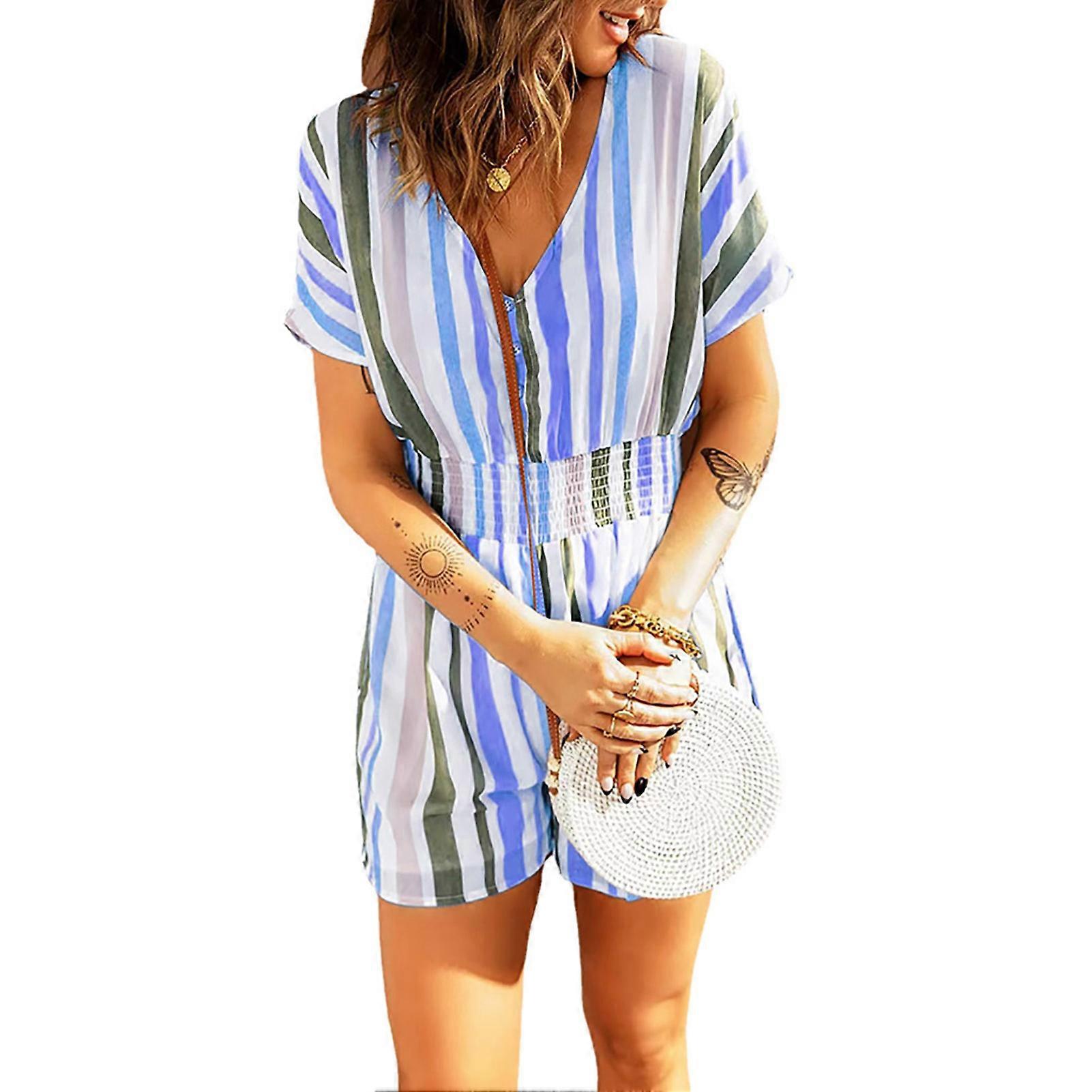 Women Short Jumpsuit V Neck Shirred Waist Striped Printed Female Short Jumpsuit for Office Blue 3XL