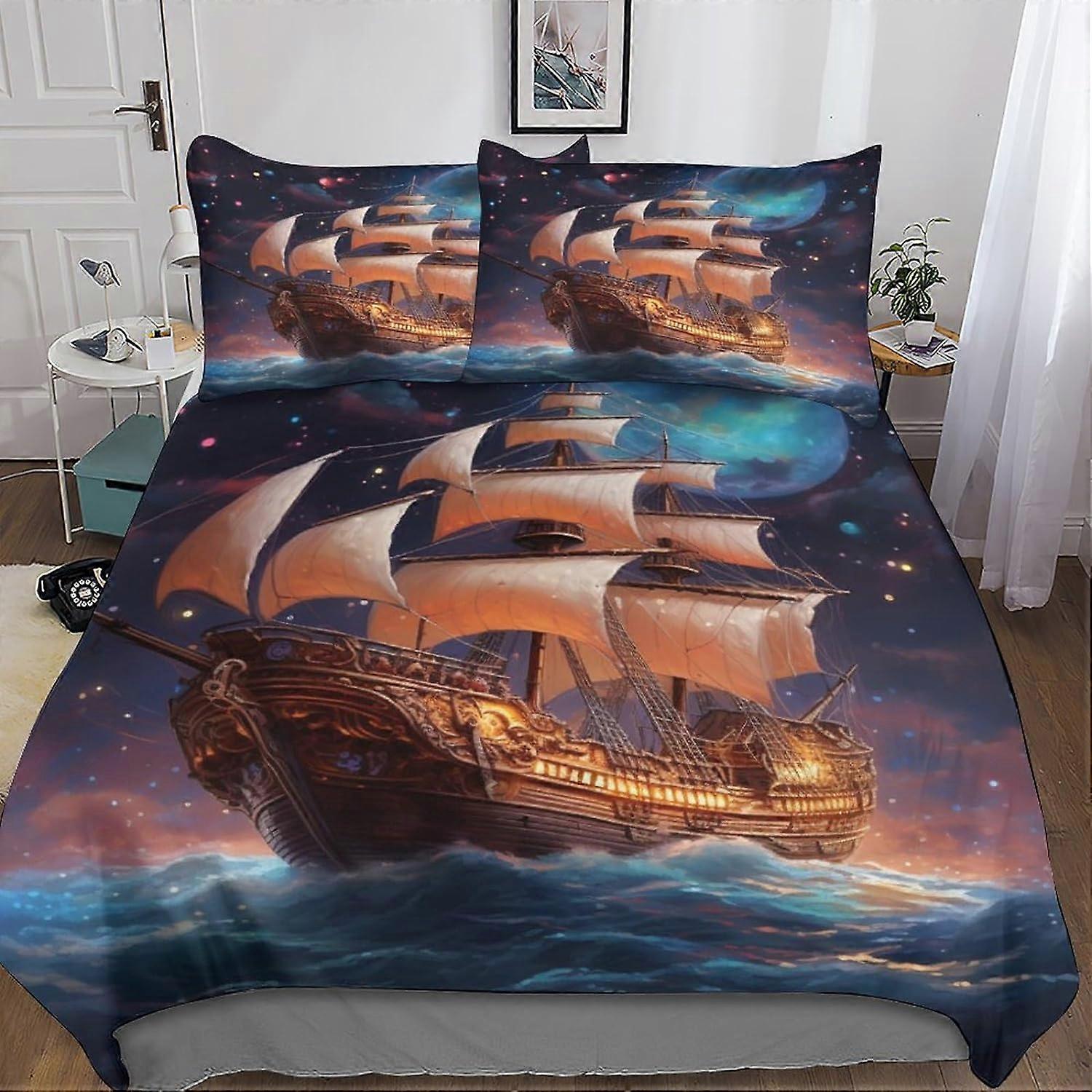 Segelfartyg sängkläder set 3D påslakan, tryckt 3 stycken, stjärnklart mikrofibersängkläder med dragkedja Örngott för enkel- eller dubbelsäng