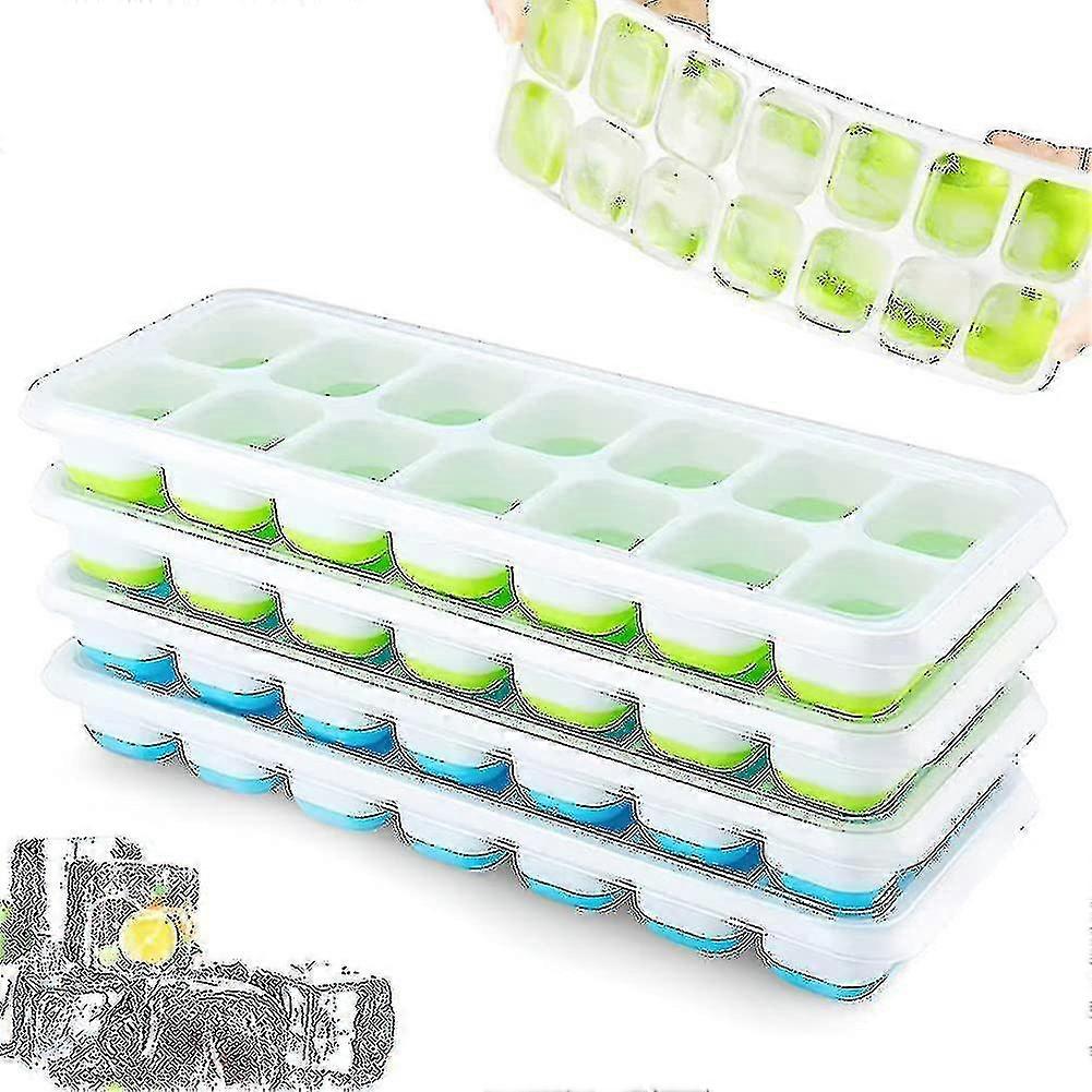 4 Pack Silicone Ice Cube Trays With Lid, Space Saving And Stackable