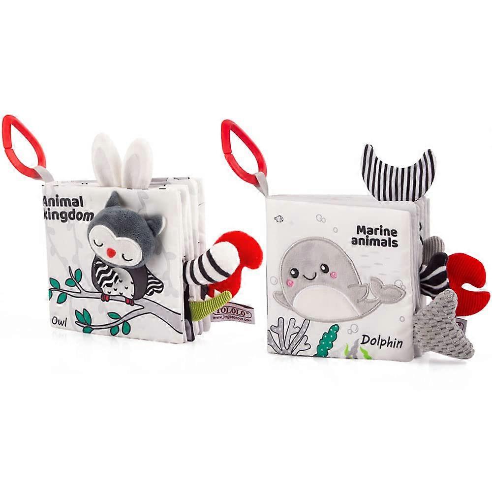 Baby Cloth Books, 2PCS Black and White Book Toys Soft Books 0-6 Months Touch and Feel Crinkle Book with 3D Tail
