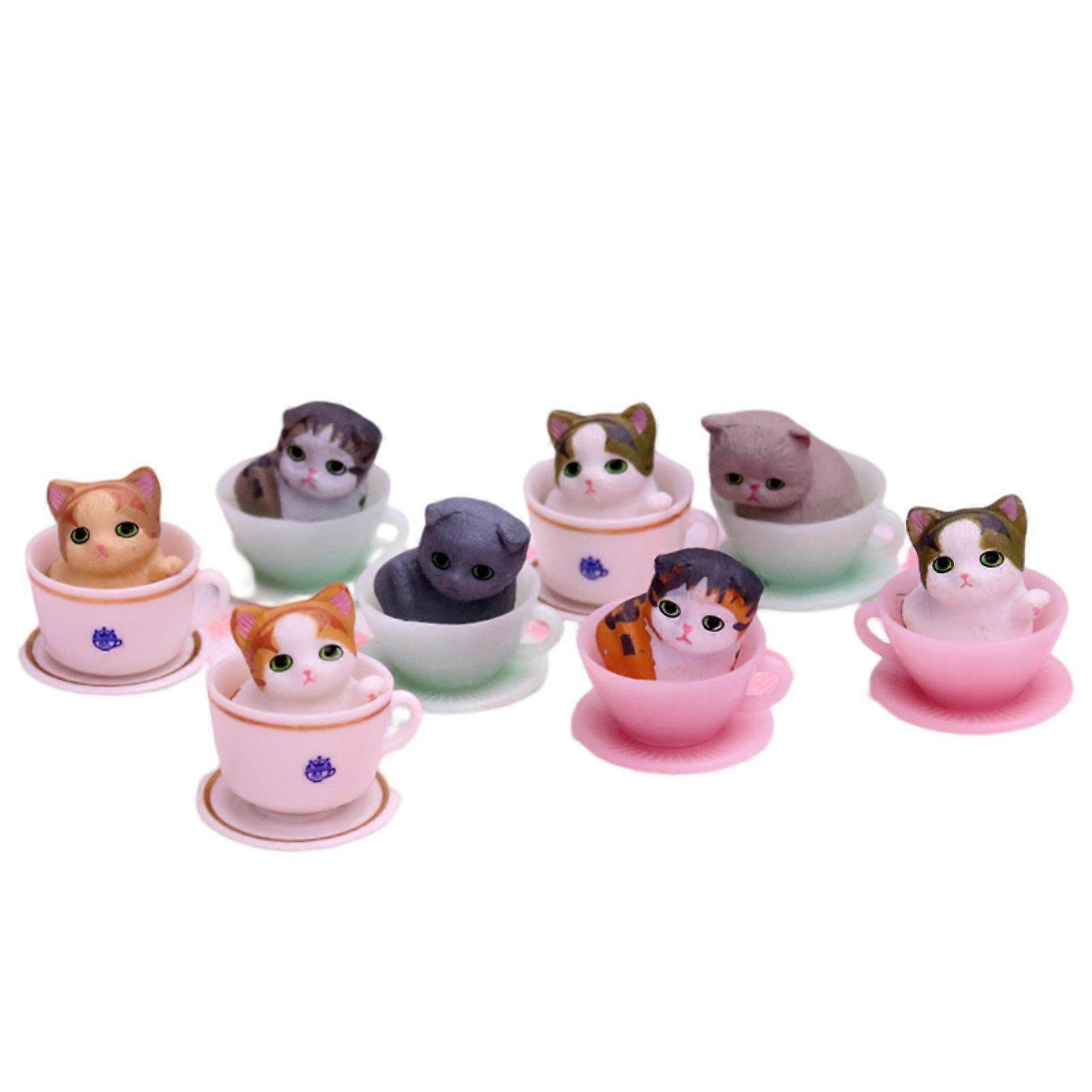8Pcs Cat Ornament Mini Hand Painted Realistic Collectible DIY Accessories Adorable Cake Topper Teacup Cat Figurine Desktop Decor
