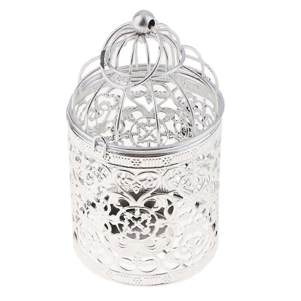 Electroplated Metal Birdcage Shape Tea Light Candle Holder  B-Silver