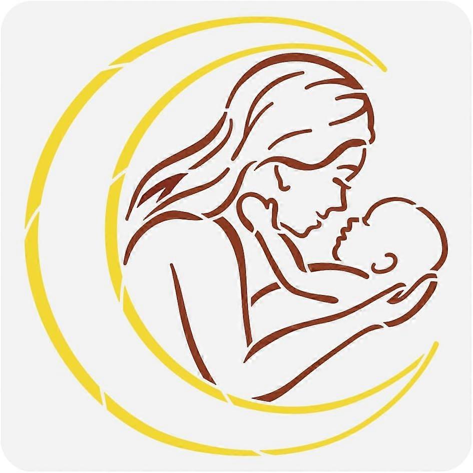 Mother's Day Painting Stencil 11.8x11.8inch Reusable Mother Holds Baby and Moon Pattern Drawing Template DIY Maternal Love Stencil for Painting on Woo