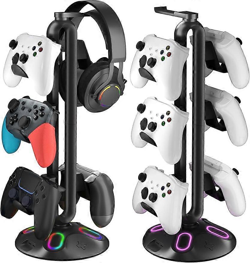 Gaming RGB Headphone Stand Canmarin Controller Holder with 9 Light Modes - Headset Stand with 2 USB Charging Ports and 35mm & Type-C - Controller Stan