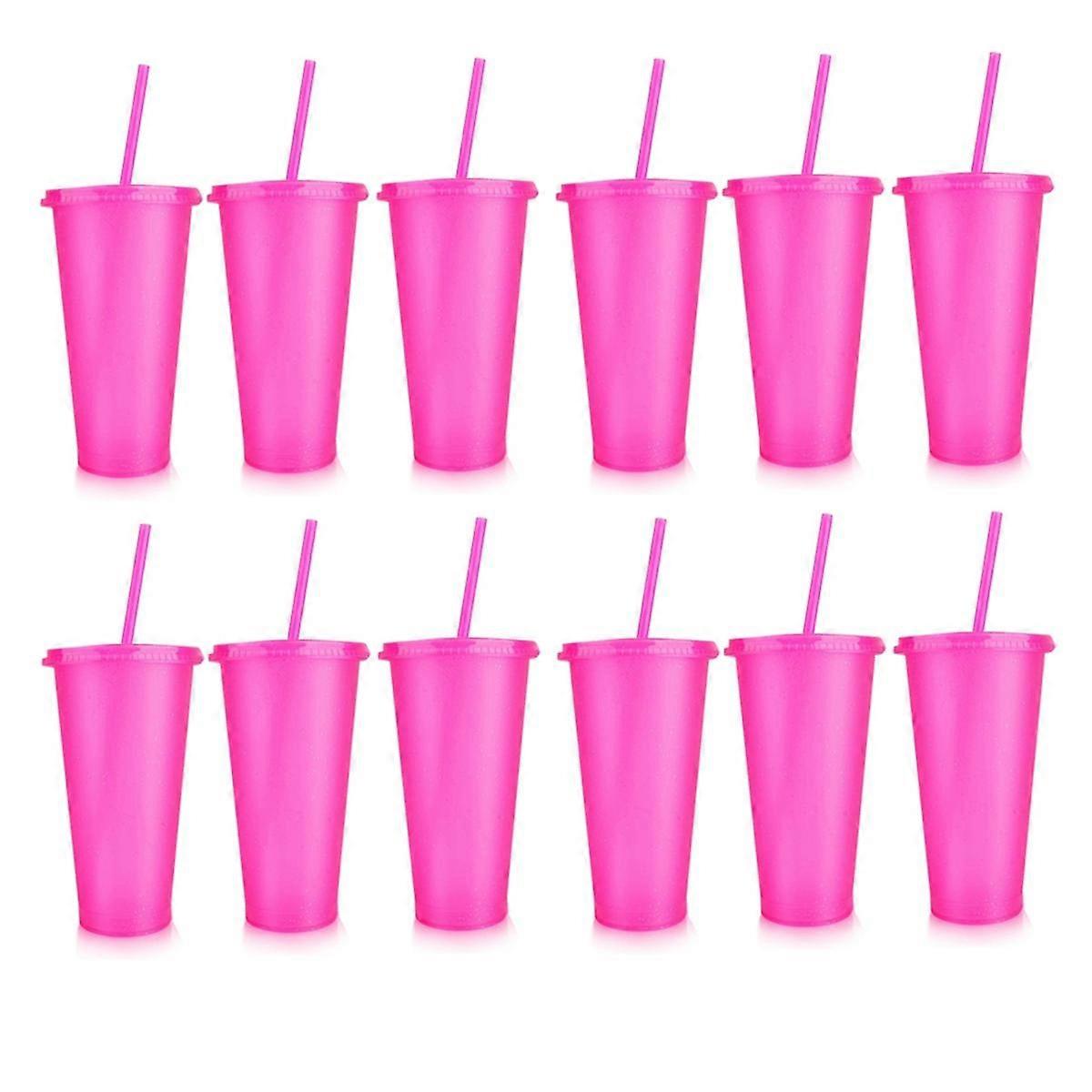 12 Pieces Reusable Cups with Lids and Straws, 24 Oz Glitter Plastic Cup for Birthday Party, Smoothie Juices Beach Party