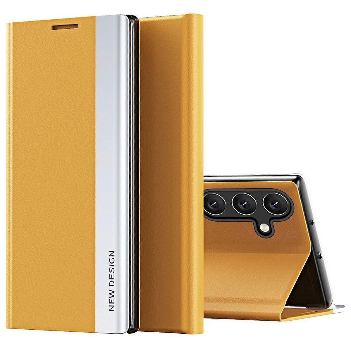 For Samsung Galaxy S25 Case Anti-Drop Leather Phone Cover with Stand - Yellow
