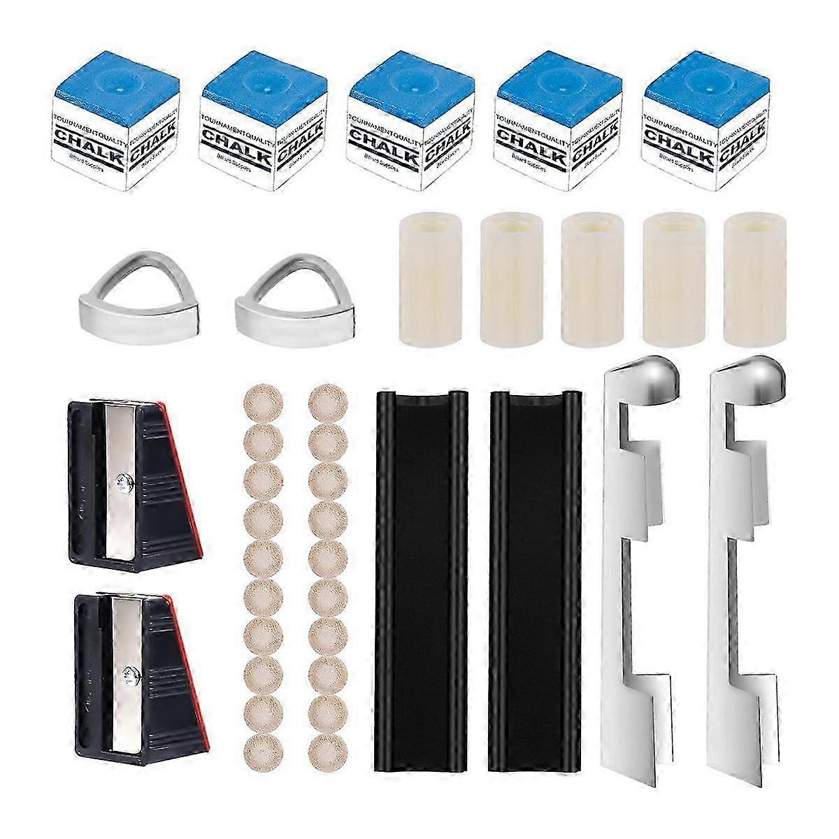 Billiard Cue Repair Kit, 2 Cue Tip Clamps 20 Cue Tips 2 Shapers 5 Chalk Square 5 Ferrules 2 Cue Tip