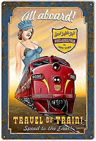 レトロヴィンテージオールアボードトレインピンナップガール鉄道金属ブリキ看板ホームバーカフェレタウラント壁の装飾看板12x8インチ