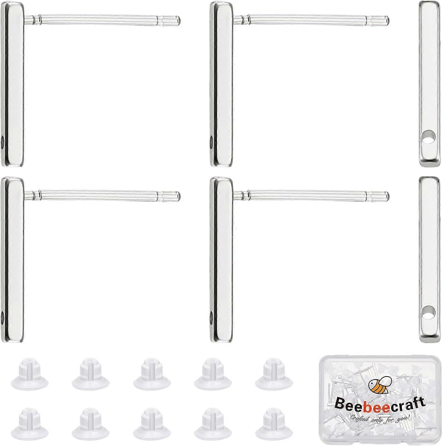 40Pcs Stud Earring with Loop Platinum Plated Rectangle Earring Posts Bar Earring Findings with Ear Nut for DIY Earrings Jewellery Making