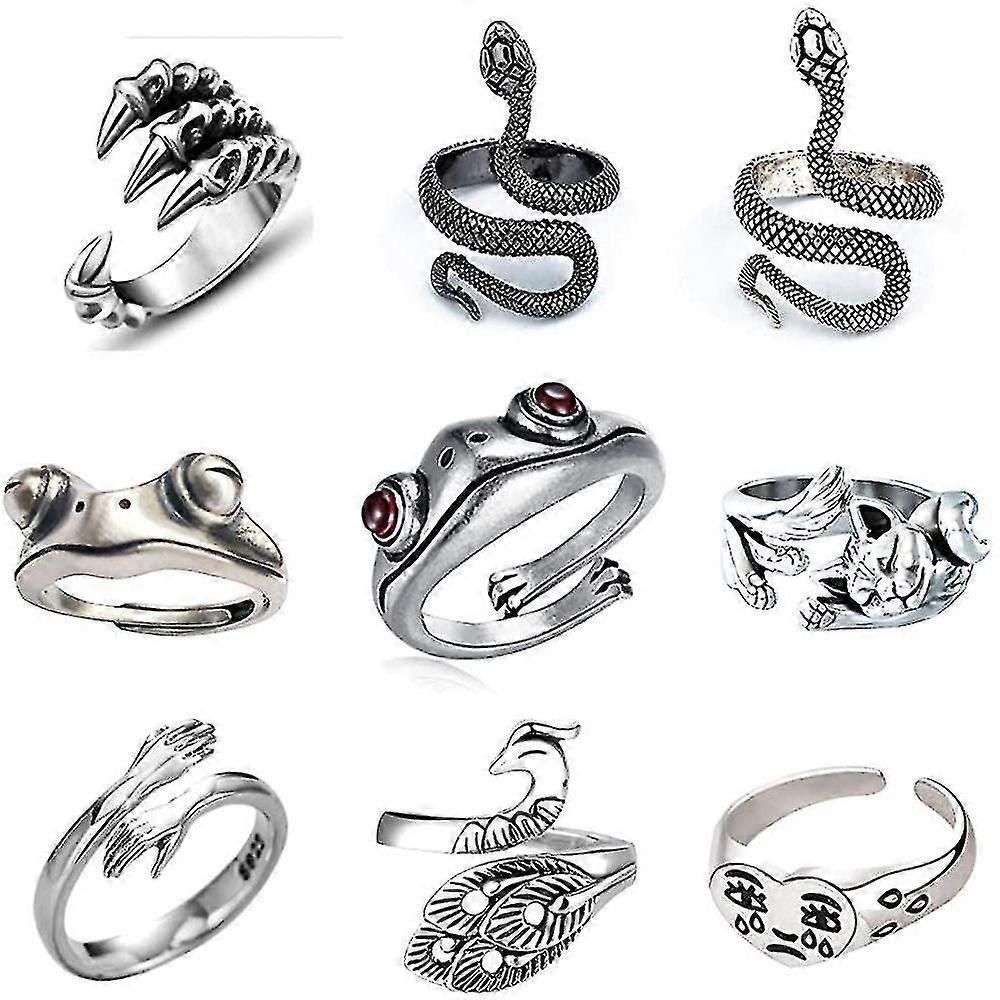 9st Silver pläterade Vintage Frog Rings, Orm justerbar ring set