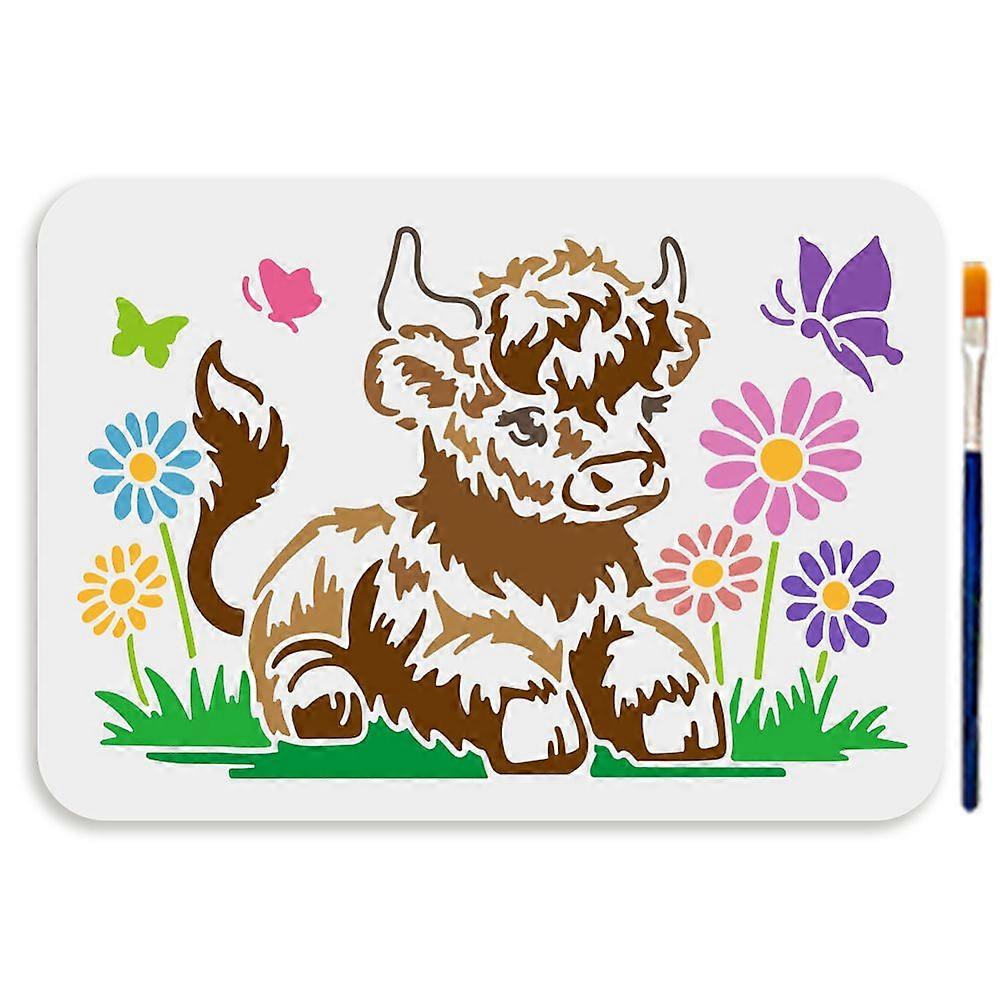 1Pc PET Hollow Out Drawing Painting Stencils for DIY Scrapbook Photo Album with 1Pc Art Paint Brushes Cattle 297x210mm
