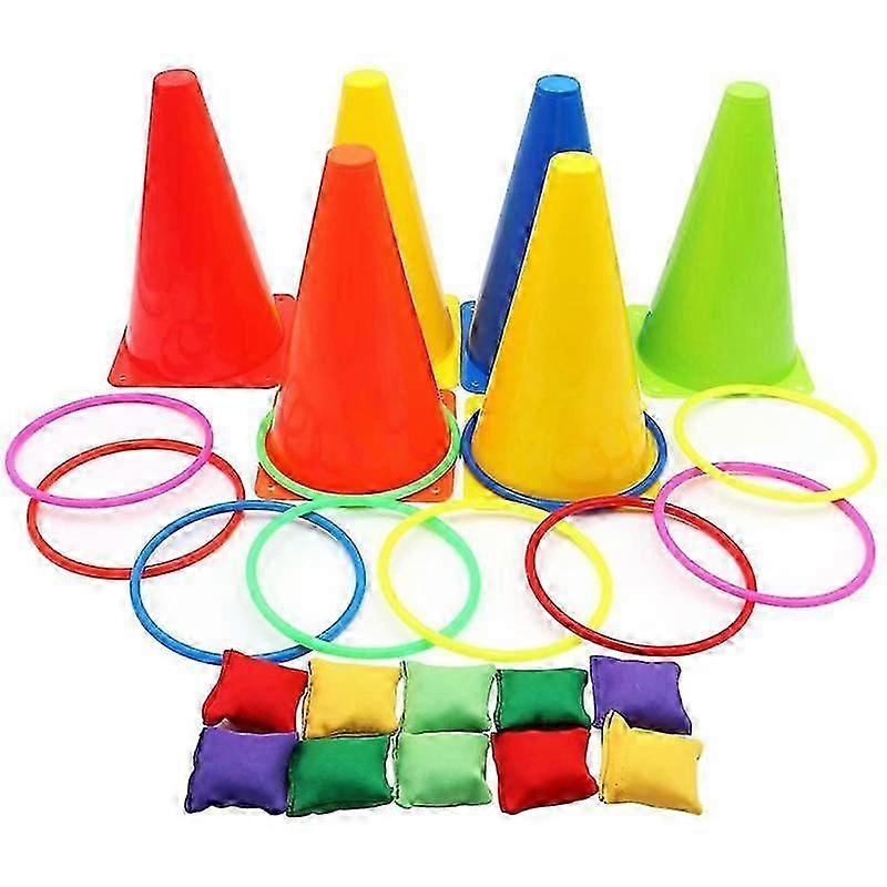 Heyone 26Pcs 3 in 1 Carnival Games Set Soft Plastic Cones Bean Bags Ring Toss Game