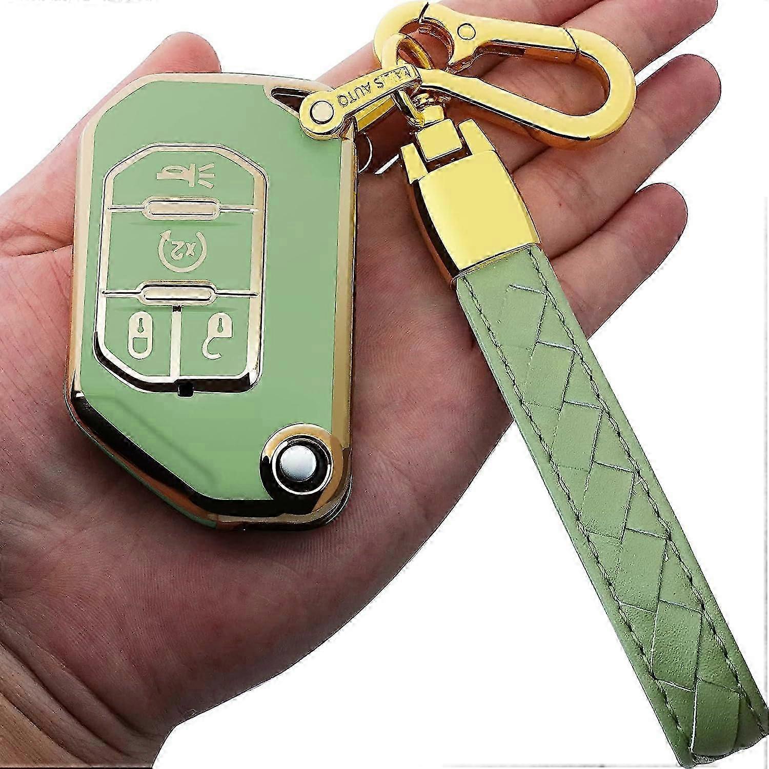 for Jeep flip key fob cover with Leather keychain,Fashion Soft TPU Protector Key Shell Compatible with Wrangler JL JLU Gladiator JT Rubicon remote fli